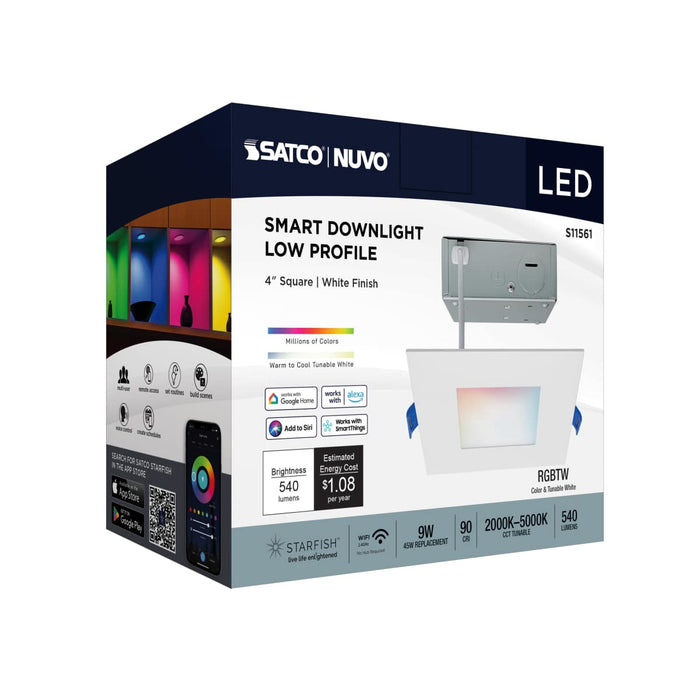 Remote Driver LED Downlight Satco S11561 9 Watt - LED Direct Wire - Low Profile Downlight - 4 Inch Square - Starfish IOT - Tunable White and RGB - 120 Volt - 90 CRI - White Finish Satco