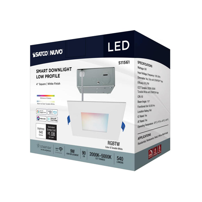 Remote Driver LED Downlight Satco S11561 9 Watt - LED Direct Wire - Low Profile Downlight - 4 Inch Square - Starfish IOT - Tunable White and RGB - 120 Volt - 90 CRI - White Finish Satco