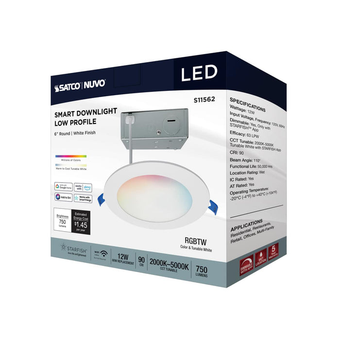 Remote Driver LED Downlight Satco S11562 12 Watt - LED Direct Wire - Low Profile Downlight - 6 Inch Round - Starfish IOT - Tunable White and RGB - 120 Volt - 90 CRI - White Finish Satco