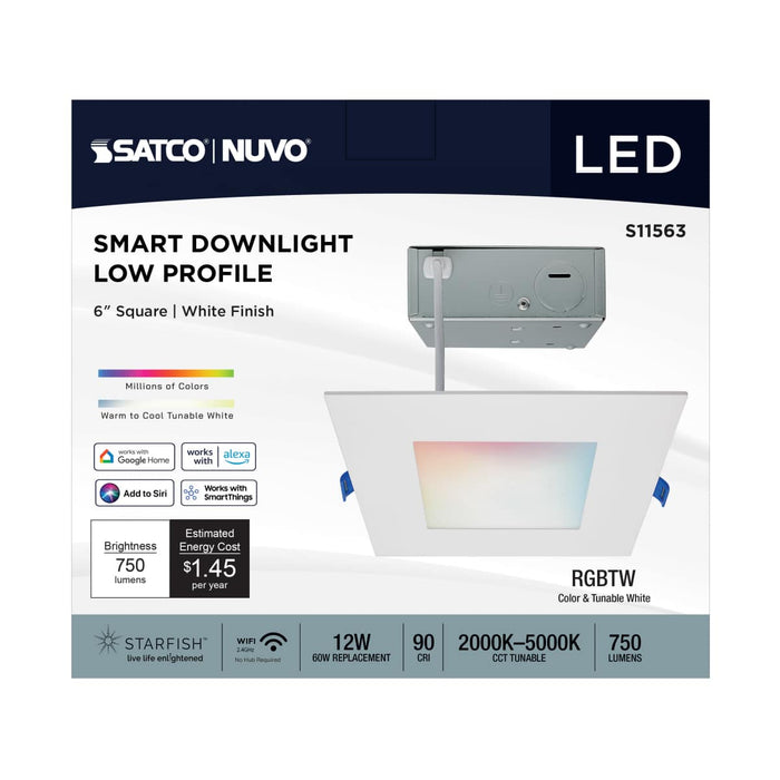 Remote Driver LED Downlight Satco S11563 12 Watt - LED Direct Wire - Low Profile Downlight - 6 Inch Square - Starfish IOT - Tunable White and RGB - 120 Volt - 90 CRI - White Finish Satco