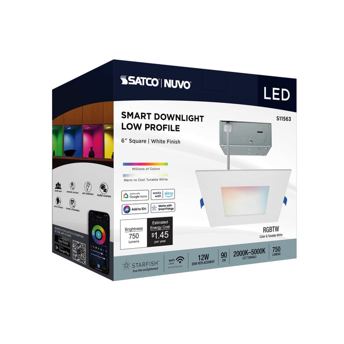 Remote Driver LED Downlight Satco S11563 12 Watt - LED Direct Wire - Low Profile Downlight - 6 Inch Square - Starfish IOT - Tunable White and RGB - 120 Volt - 90 CRI - White Finish Satco