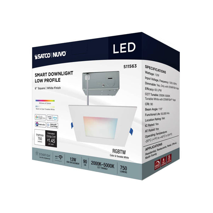 Remote Driver LED Downlight Satco S11563 12 Watt - LED Direct Wire - Low Profile Downlight - 6 Inch Square - Starfish IOT - Tunable White and RGB - 120 Volt - 90 CRI - White Finish Satco