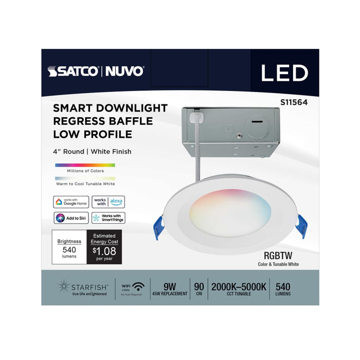 Remote Driver LED Downlight Satco S11564 9 Watt - LED Direct Wire - Low Profile Regress Baffle Downlight - 4 Inch Round - Starfish IOT - Tunable White and RGB - 120 Volt - 90 CRI - White Finish Satco