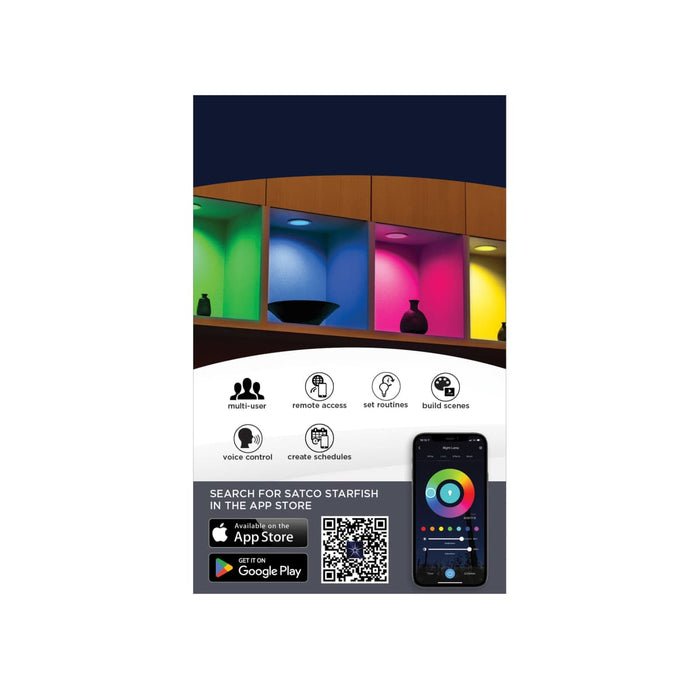 Remote Driver LED Downlight Satco S11564 9 Watt - LED Direct Wire - Low Profile Regress Baffle Downlight - 4 Inch Round - Starfish IOT - Tunable White and RGB - 120 Volt - 90 CRI - White Finish Satco
