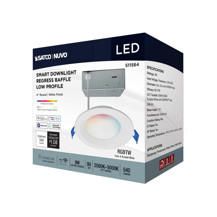 Remote Driver LED Downlight Satco S11564 9 Watt - LED Direct Wire - Low Profile Regress Baffle Downlight - 4 Inch Round - Starfish IOT - Tunable White and RGB - 120 Volt - 90 CRI - White Finish Satco