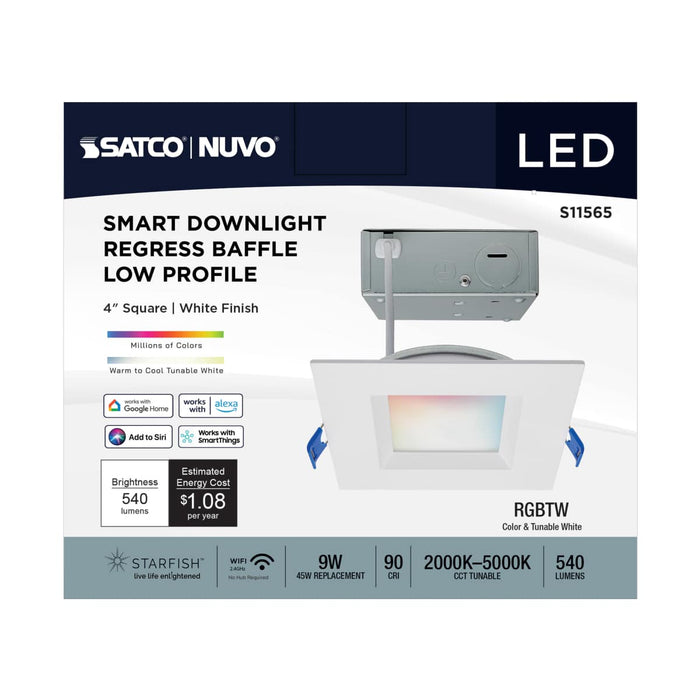 Remote Driver LED Downlight Satco S11565 9 Watt - LED Direct Wire - Low Profile Regress Baffle Downlight - 4 Inch Square - Starfish IOT - Tunable White and RGB - 120 Volt - 90 CRI - White Finish Satco
