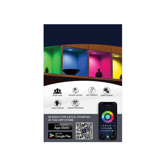 Remote Driver LED Downlight Satco S11565 9 Watt - LED Direct Wire - Low Profile Regress Baffle Downlight - 4 Inch Square - Starfish IOT - Tunable White and RGB - 120 Volt - 90 CRI - White Finish Satco