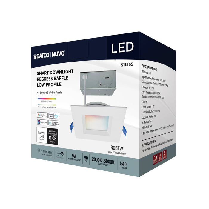 Remote Driver LED Downlight Satco S11565 9 Watt - LED Direct Wire - Low Profile Regress Baffle Downlight - 4 Inch Square - Starfish IOT - Tunable White and RGB - 120 Volt - 90 CRI - White Finish Satco