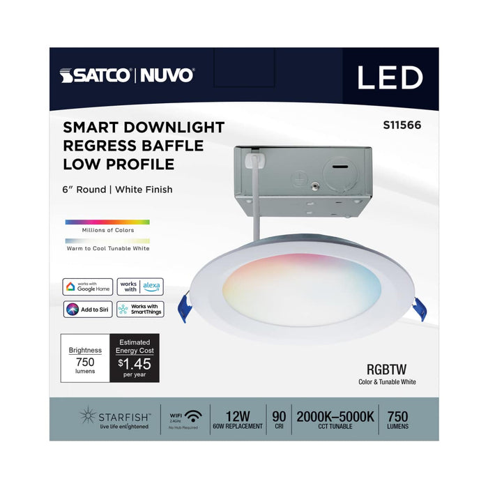 Remote Driver LED Downlight Satco S11566 12 Watt - LED Direct Wire - Low Profile Regress Baffle Downlight - 6 Inch Round - Starfish IOT - Tunable White and RGB - 120 Volt - 90 CRI - White Finish Satco