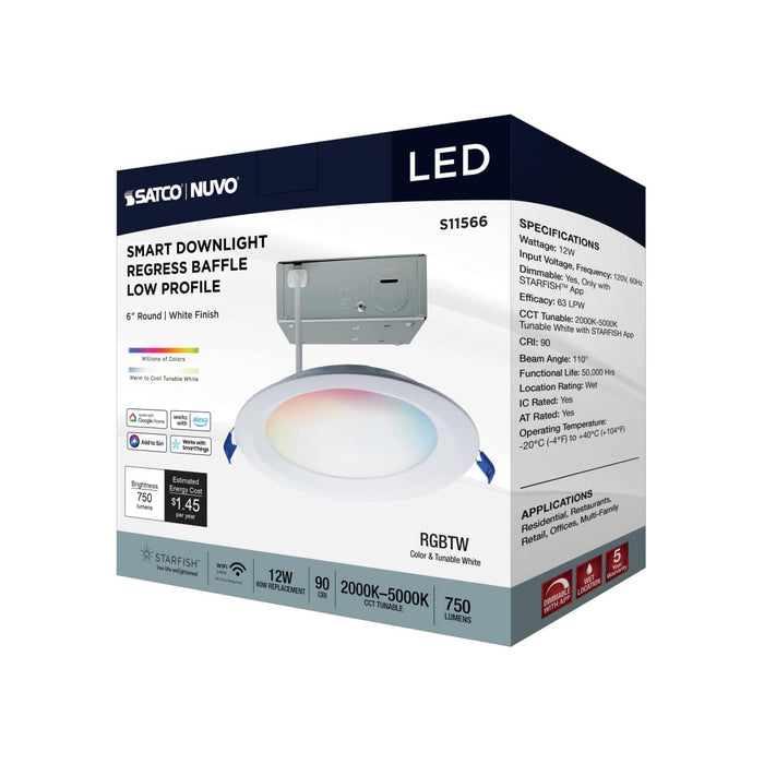 Remote Driver LED Downlight Satco S11566 12 Watt - LED Direct Wire - Low Profile Regress Baffle Downlight - 6 Inch Round - Starfish IOT - Tunable White and RGB - 120 Volt - 90 CRI - White Finish Satco