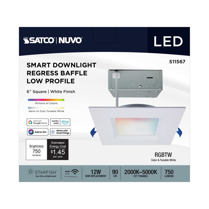 Remote Driver LED Downlight Satco S11567 12 Watt - LED Direct Wire - Low Profile Regress Baffle Downlight - 6 Inch Square - Starfish IOT - Tunable White and RGB - 120 Volt - 90 CRI - White Finish Satco