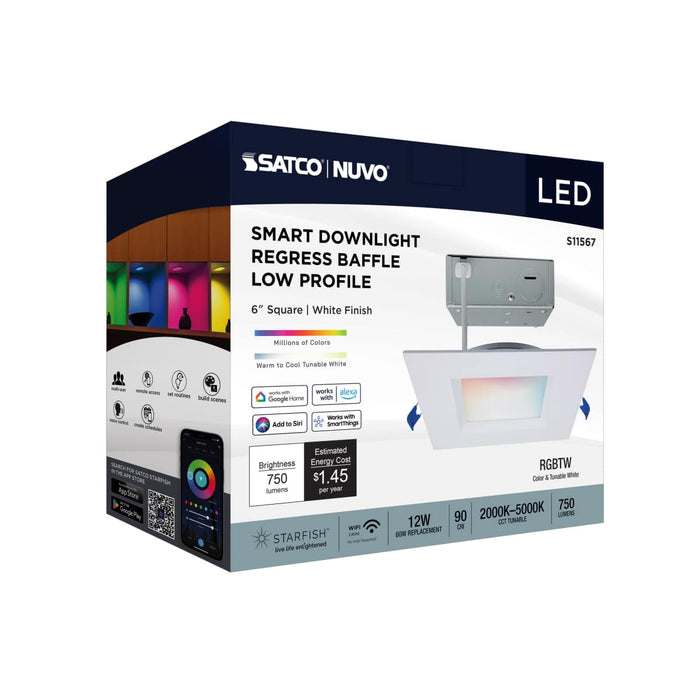 Remote Driver LED Downlight Satco S11567 12 Watt - LED Direct Wire - Low Profile Regress Baffle Downlight - 6 Inch Square - Starfish IOT - Tunable White and RGB - 120 Volt - 90 CRI - White Finish Satco
