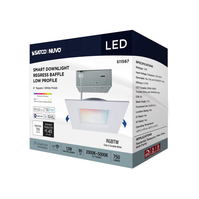 Remote Driver LED Downlight Satco S11567 12 Watt - LED Direct Wire - Low Profile Regress Baffle Downlight - 6 Inch Square - Starfish IOT - Tunable White and RGB - 120 Volt - 90 CRI - White Finish Satco