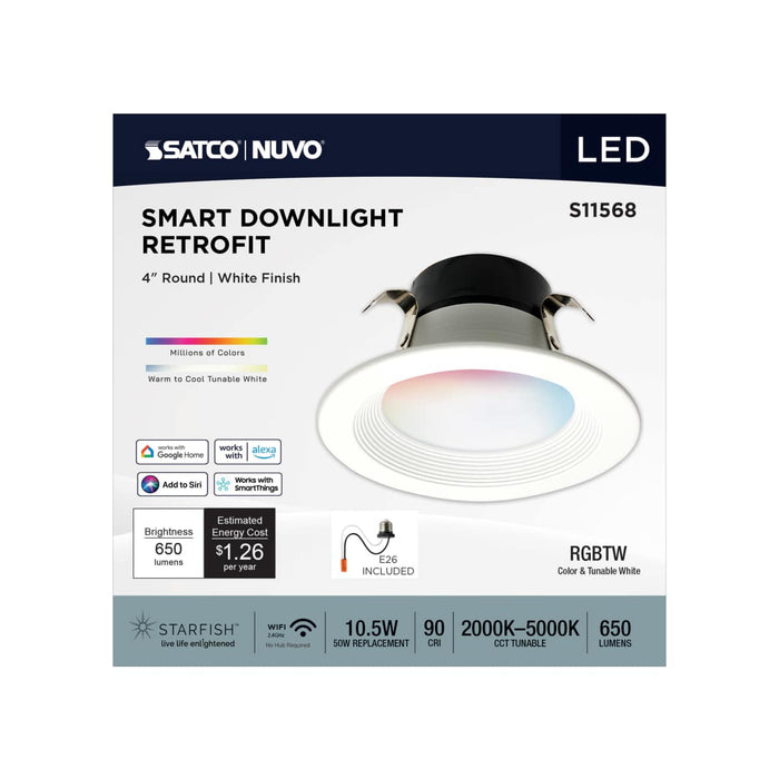 Downlight Retrofit Satco S11568 10.5 Watt - LED Retrofit Downlight - 4 Inch Round - Starfish IOT - RGB & Tunable White - 120 Volt - 90 CRI - White Finish Satco