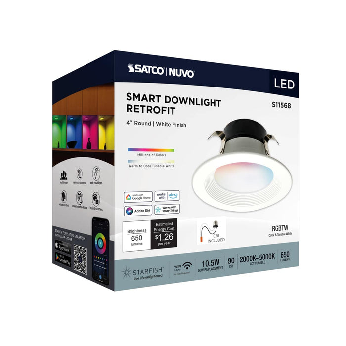 Downlight Retrofit Satco S11568 10.5 Watt - LED Retrofit Downlight - 4 Inch Round - Starfish IOT - RGB & Tunable White - 120 Volt - 90 CRI - White Finish Satco