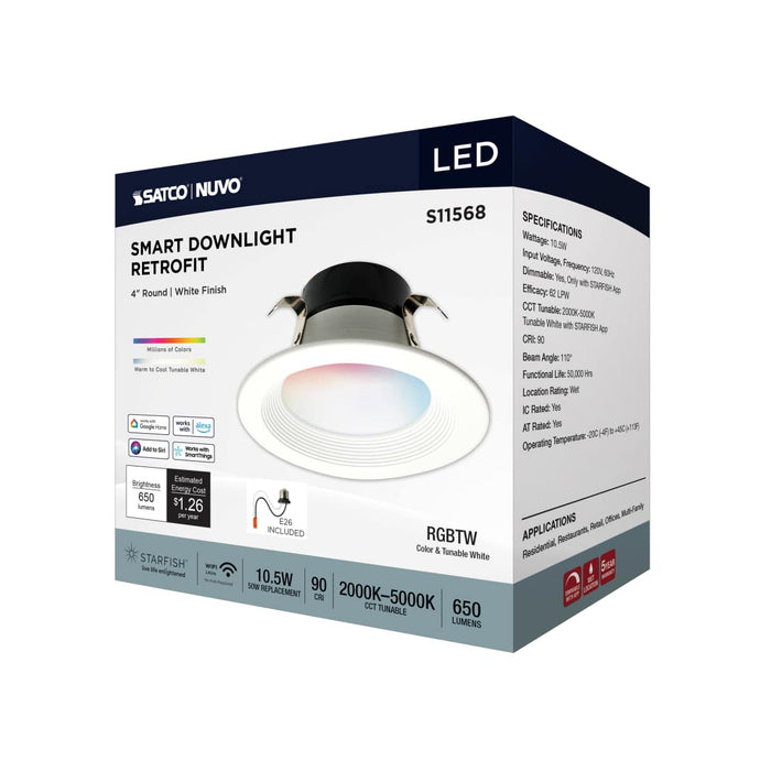 Downlight Retrofit Satco S11568 10.5 Watt - LED Retrofit Downlight - 4 Inch Round - Starfish IOT - RGB & Tunable White - 120 Volt - 90 CRI - White Finish Satco