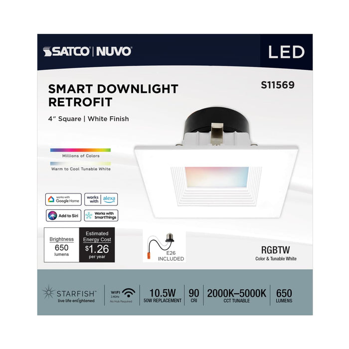 Downlight Retrofit Satco S11569 10.5 Watt - LED Retrofit Downlight - 4 Inch Square - Starfish IOT - RGB & Tunable White - 120 Volt - 90 CRI - White Finish Satco