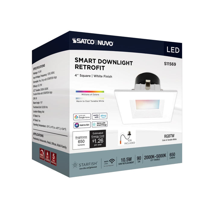 Downlight Retrofit Satco S11569 10.5 Watt - LED Retrofit Downlight - 4 Inch Square - Starfish IOT - RGB & Tunable White - 120 Volt - 90 CRI - White Finish Satco