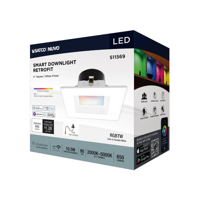 Downlight Retrofit Satco S11569 10.5 Watt - LED Retrofit Downlight - 4 Inch Square - Starfish IOT - RGB & Tunable White - 120 Volt - 90 CRI - White Finish Satco