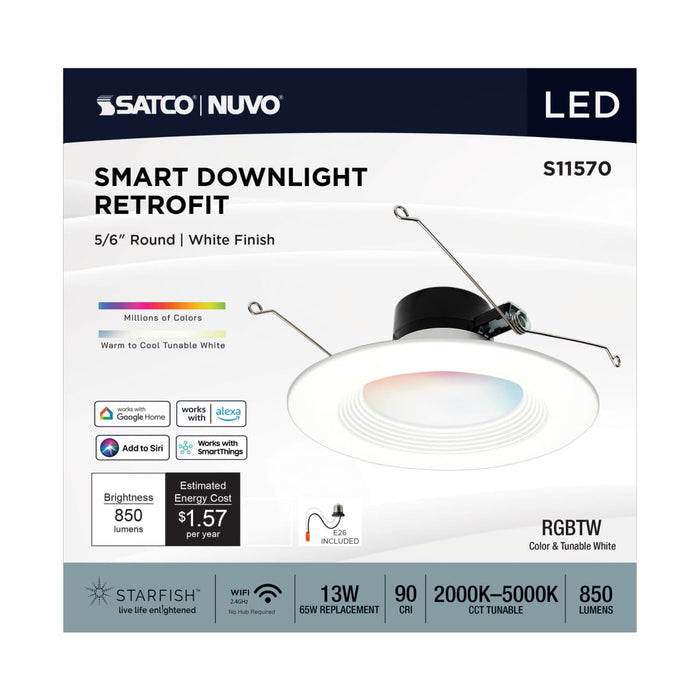 Downlight Retrofit Satco S11570 13 Watt - LED Retrofit Downlight - 5-6 Inch Round - Starfish IOT - RGB & Tunable White - 120 Volt - 90 CRI - White Finish Satco