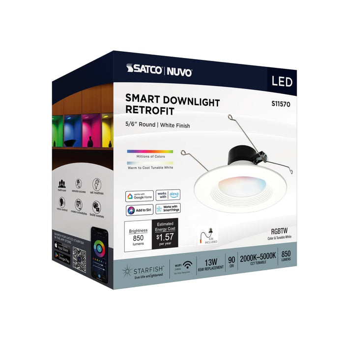 Downlight Retrofit Satco S11570 13 Watt - LED Retrofit Downlight - 5-6 Inch Round - Starfish IOT - RGB & Tunable White - 120 Volt - 90 CRI - White Finish Satco