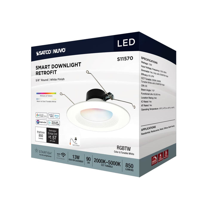Downlight Retrofit Satco S11570 13 Watt - LED Retrofit Downlight - 5-6 Inch Round - Starfish IOT - RGB & Tunable White - 120 Volt - 90 CRI - White Finish Satco