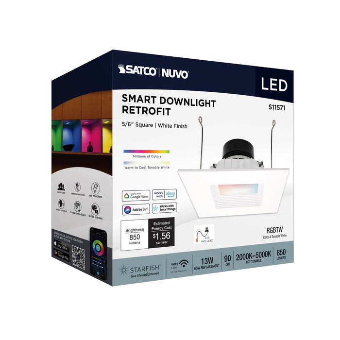 Downlight Retrofit Satco S11571 13 Watt - LED Retrofit Downlight - 5-6 Inch Square - Starfish IOT - RGB & Tunable White - 120 Volt - 90 CRI - White Finish Satco