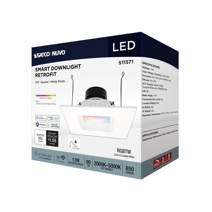 Downlight Retrofit Satco S11571 13 Watt - LED Retrofit Downlight - 5-6 Inch Square - Starfish IOT - RGB & Tunable White - 120 Volt - 90 CRI - White Finish Satco
