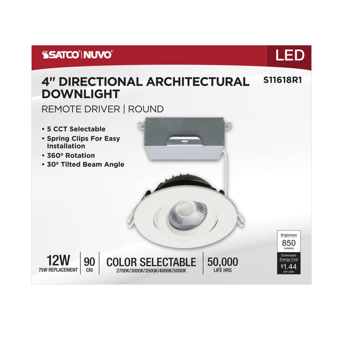 Remote Driver LED Downlight Satco S11618R1 12 Watt LED Direct Wire Downlight - Gimbaled - 4 Inch - CCT Selectable - Round - Remote Driver - White Finish - 850 Lumens - 120 Volt Satco