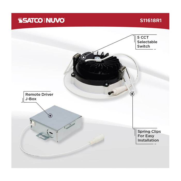 Remote Driver LED Downlight Satco S11618R1 12 Watt LED Direct Wire Downlight - Gimbaled - 4 Inch - CCT Selectable - Round - Remote Driver - White Finish - 850 Lumens - 120 Volt Satco