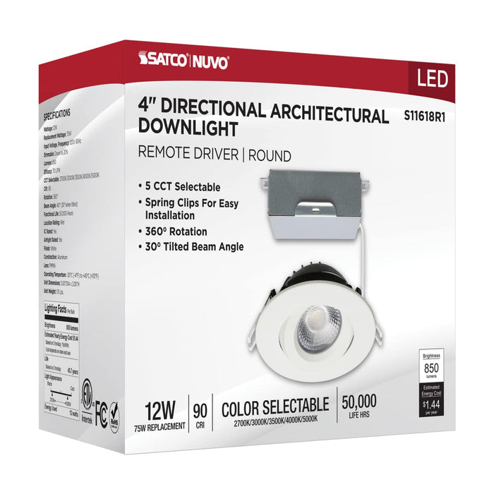 Remote Driver LED Downlight Satco S11618R1 12 Watt LED Direct Wire Downlight - Gimbaled - 4 Inch - CCT Selectable - Round - Remote Driver - White Finish - 850 Lumens - 120 Volt Satco