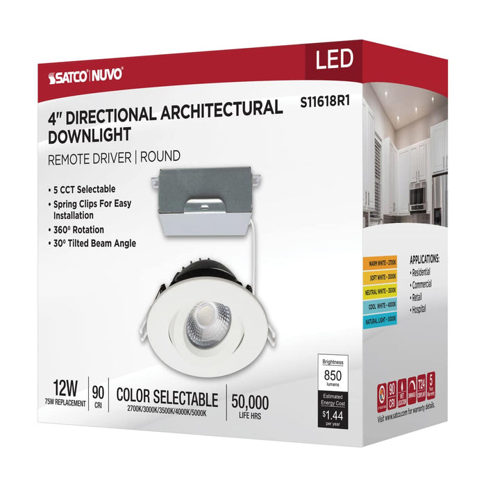 Remote Driver LED Downlight Satco S11618R1 12 Watt LED Direct Wire Downlight - Gimbaled - 4 Inch - CCT Selectable - Round - Remote Driver - White Finish - 850 Lumens - 120 Volt Satco
