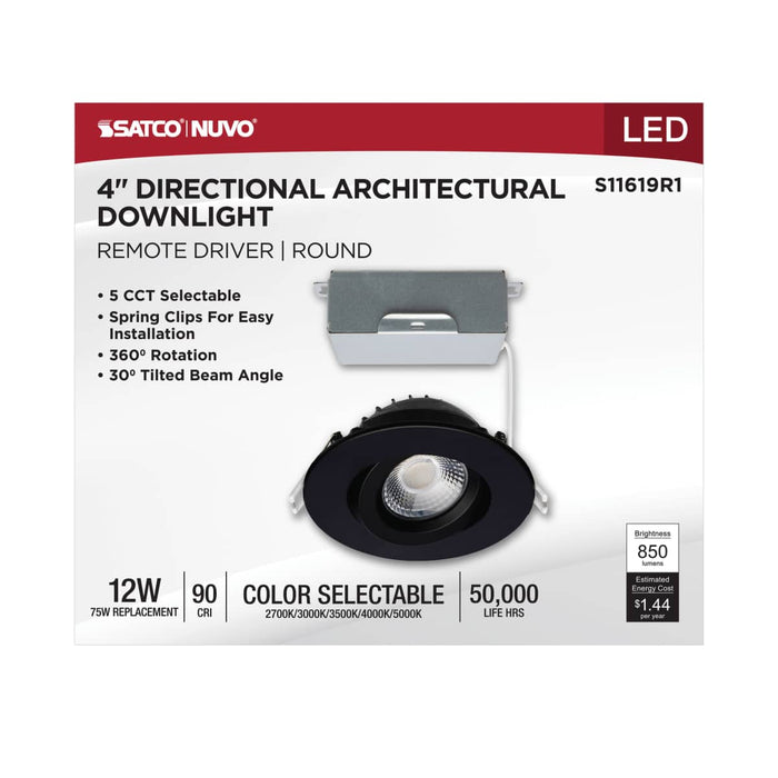 Remote Driver LED Downlight Satco S11619R1 12 Watt LED Direct Wire Downlight - Gimbaled - 4 Inch - CCT Selectable - Round - Remote Driver - Black Finish - 850 Lumens - 120 Volt Satco