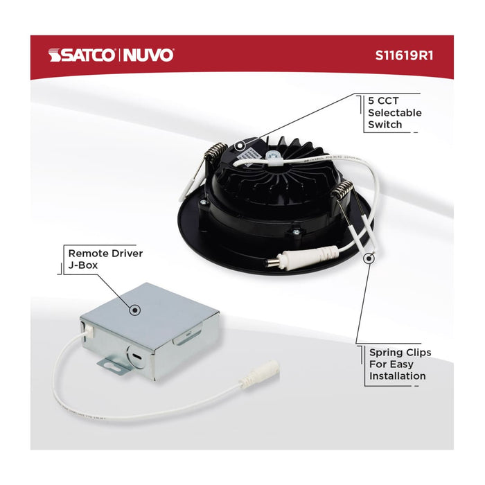 Remote Driver LED Downlight Satco S11619R1 12 Watt LED Direct Wire Downlight - Gimbaled - 4 Inch - CCT Selectable - Round - Remote Driver - Black Finish - 850 Lumens - 120 Volt Satco