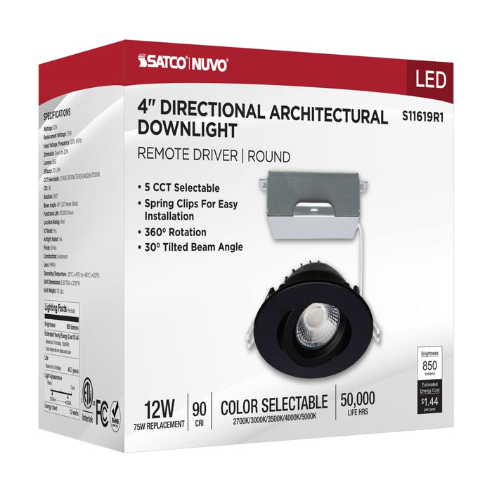 Remote Driver LED Downlight Satco S11619R1 12 Watt LED Direct Wire Downlight - Gimbaled - 4 Inch - CCT Selectable - Round - Remote Driver - Black Finish - 850 Lumens - 120 Volt Satco
