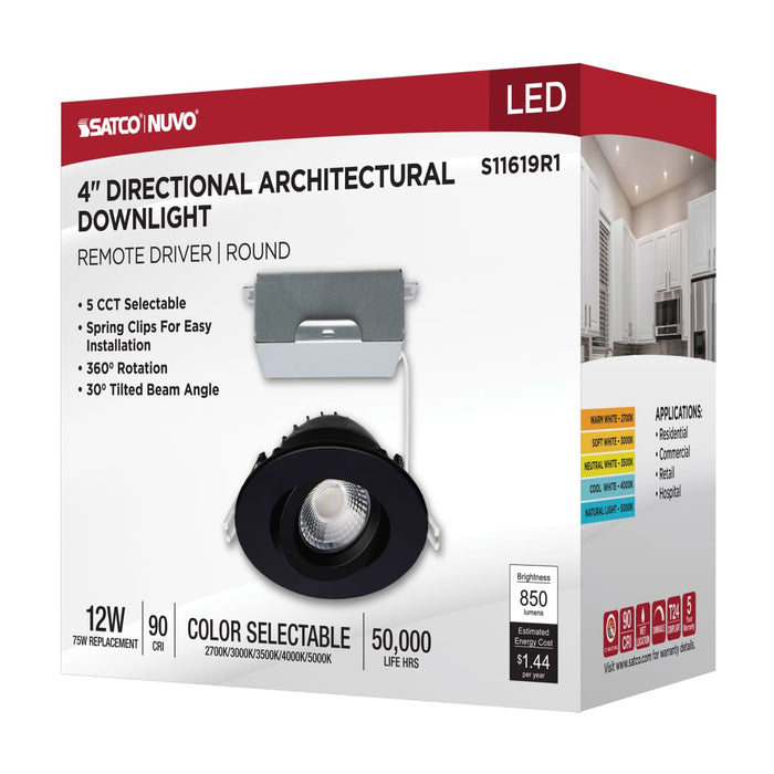 Remote Driver LED Downlight Satco S11619R1 12 Watt LED Direct Wire Downlight - Gimbaled - 4 Inch - CCT Selectable - Round - Remote Driver - Black Finish - 850 Lumens - 120 Volt Satco