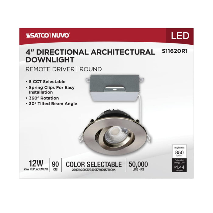 Remote Driver LED Downlight Satco S11620R1 12 Watt LED Direct Wire Downlight - Gimbaled - 4 Inch - CCT Selectable - Round - Remote Driver - Brushed Nickel Finish - 850 Lumens - 120 Volt Satco