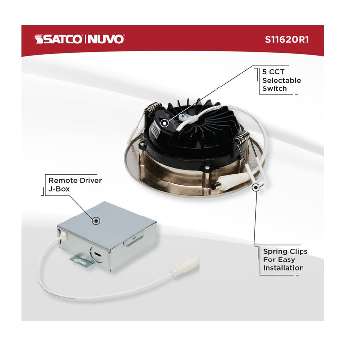 Remote Driver LED Downlight Satco S11620R1 12 Watt LED Direct Wire Downlight - Gimbaled - 4 Inch - CCT Selectable - Round - Remote Driver - Brushed Nickel Finish - 850 Lumens - 120 Volt Satco