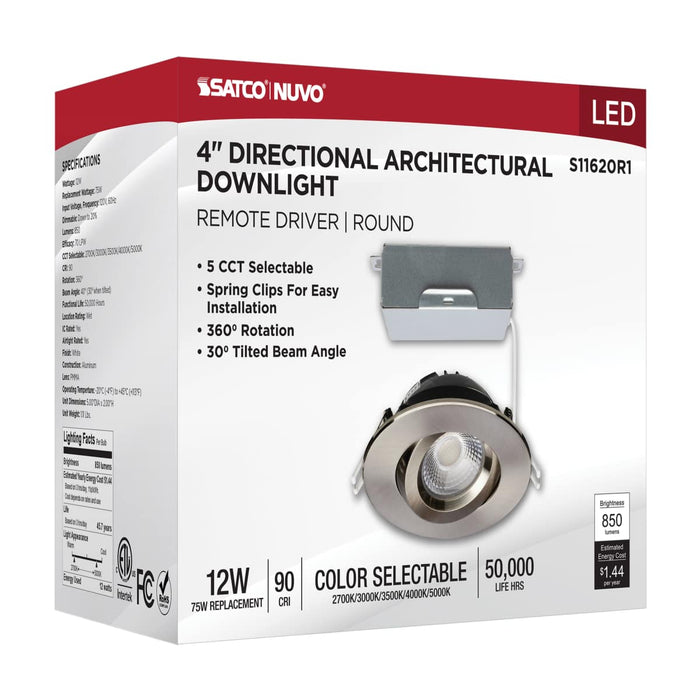 Remote Driver LED Downlight Satco S11620R1 12 Watt LED Direct Wire Downlight - Gimbaled - 4 Inch - CCT Selectable - Round - Remote Driver - Brushed Nickel Finish - 850 Lumens - 120 Volt Satco