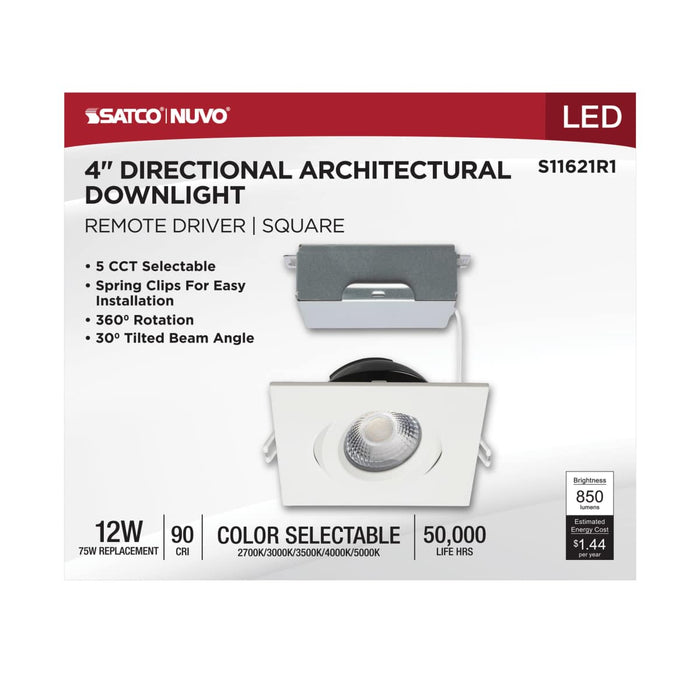 Remote Driver LED Downlight Satco S11621R1 12 Watt LED Direct Wire Downlight - Gimbaled - 4 Inch - CCT Selectable - Square - Remote Driver - White Finish - 850 Lumens - 120 Volt Satco