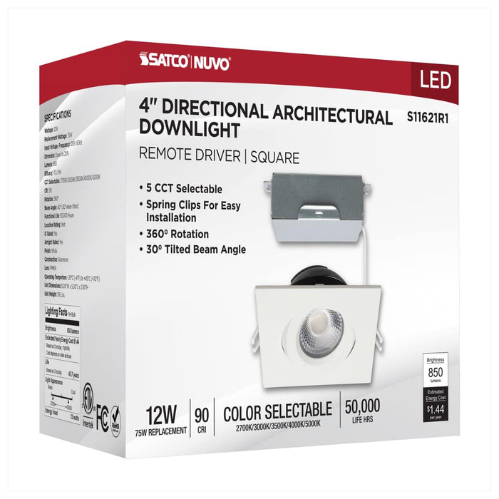 Remote Driver LED Downlight Satco S11621R1 12 Watt LED Direct Wire Downlight - Gimbaled - 4 Inch - CCT Selectable - Square - Remote Driver - White Finish - 850 Lumens - 120 Volt Satco