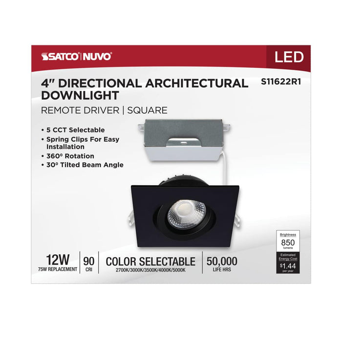 Remote Driver LED Downlight Satco S11622R1 12 Watt LED Direct Wire Downlight - Gimbaled - 4 Inch - CCT Selectable - Square - Remote Driver - Black Finish - 850 Lumens - 120 Volt Satco