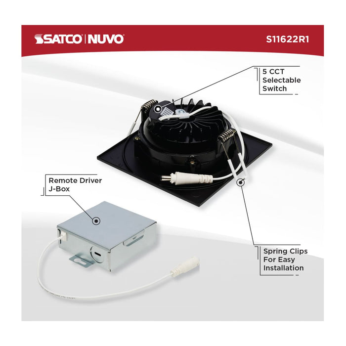 Remote Driver LED Downlight Satco S11622R1 12 Watt LED Direct Wire Downlight - Gimbaled - 4 Inch - CCT Selectable - Square - Remote Driver - Black Finish - 850 Lumens - 120 Volt Satco