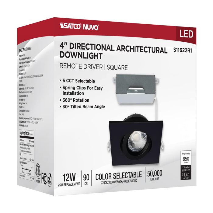 Remote Driver LED Downlight Satco S11622R1 12 Watt LED Direct Wire Downlight - Gimbaled - 4 Inch - CCT Selectable - Square - Remote Driver - Black Finish - 850 Lumens - 120 Volt Satco