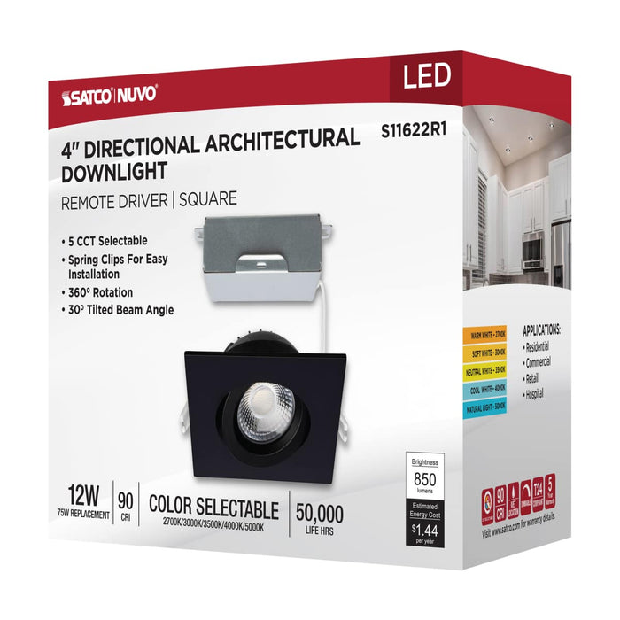 Remote Driver LED Downlight Satco S11622R1 12 Watt LED Direct Wire Downlight - Gimbaled - 4 Inch - CCT Selectable - Square - Remote Driver - Black Finish - 850 Lumens - 120 Volt Satco