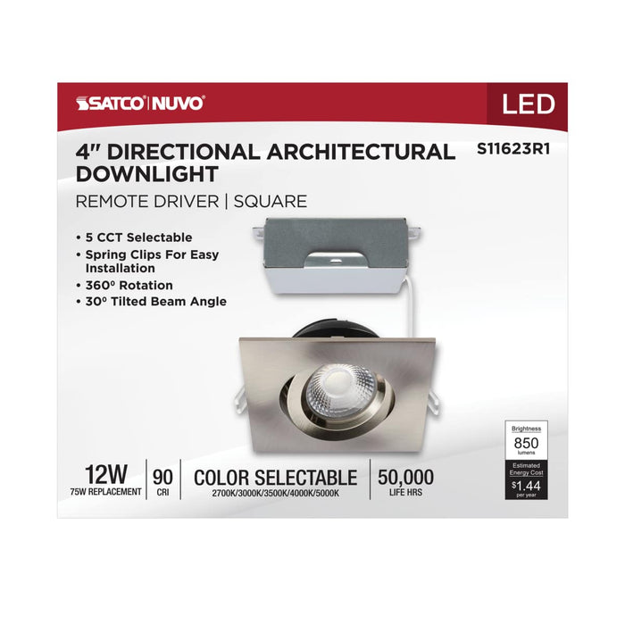 Remote Driver LED Downlight Satco S11623R1 12 Watt LED Direct Wire Downlight - Gimbaled - 4 Inch - CCT Selectable - Square - Remote Driver - Brushed Nickel Finish - 850 Lumens - 120 Volt Satco