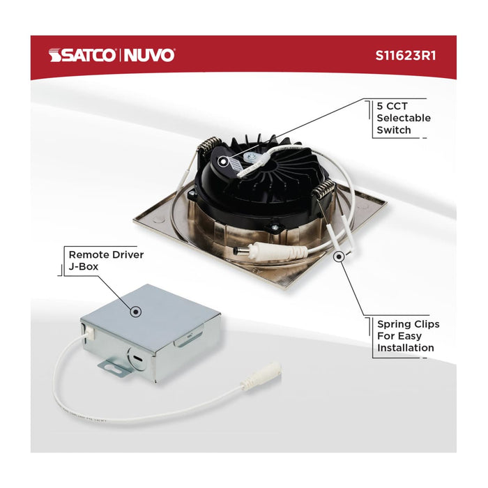 Remote Driver LED Downlight Satco S11623R1 12 Watt LED Direct Wire Downlight - Gimbaled - 4 Inch - CCT Selectable - Square - Remote Driver - Brushed Nickel Finish - 850 Lumens - 120 Volt Satco