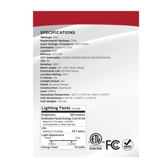 Remote Driver LED Downlight Satco S11623R1 12 Watt LED Direct Wire Downlight - Gimbaled - 4 Inch - CCT Selectable - Square - Remote Driver - Brushed Nickel Finish - 850 Lumens - 120 Volt Satco