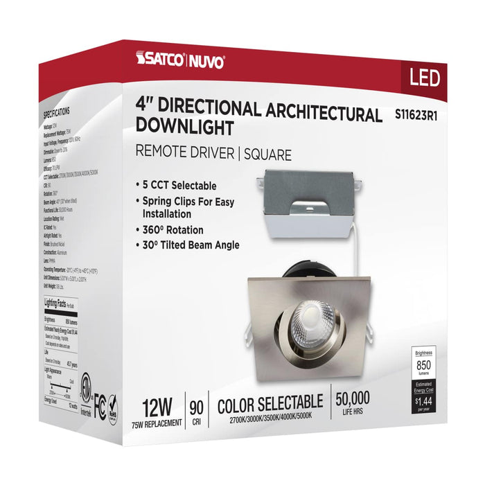 Remote Driver LED Downlight Satco S11623R1 12 Watt LED Direct Wire Downlight - Gimbaled - 4 Inch - CCT Selectable - Square - Remote Driver - Brushed Nickel Finish - 850 Lumens - 120 Volt Satco
