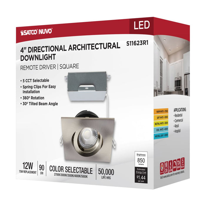 Remote Driver LED Downlight Satco S11623R1 12 Watt LED Direct Wire Downlight - Gimbaled - 4 Inch - CCT Selectable - Square - Remote Driver - Brushed Nickel Finish - 850 Lumens - 120 Volt Satco
